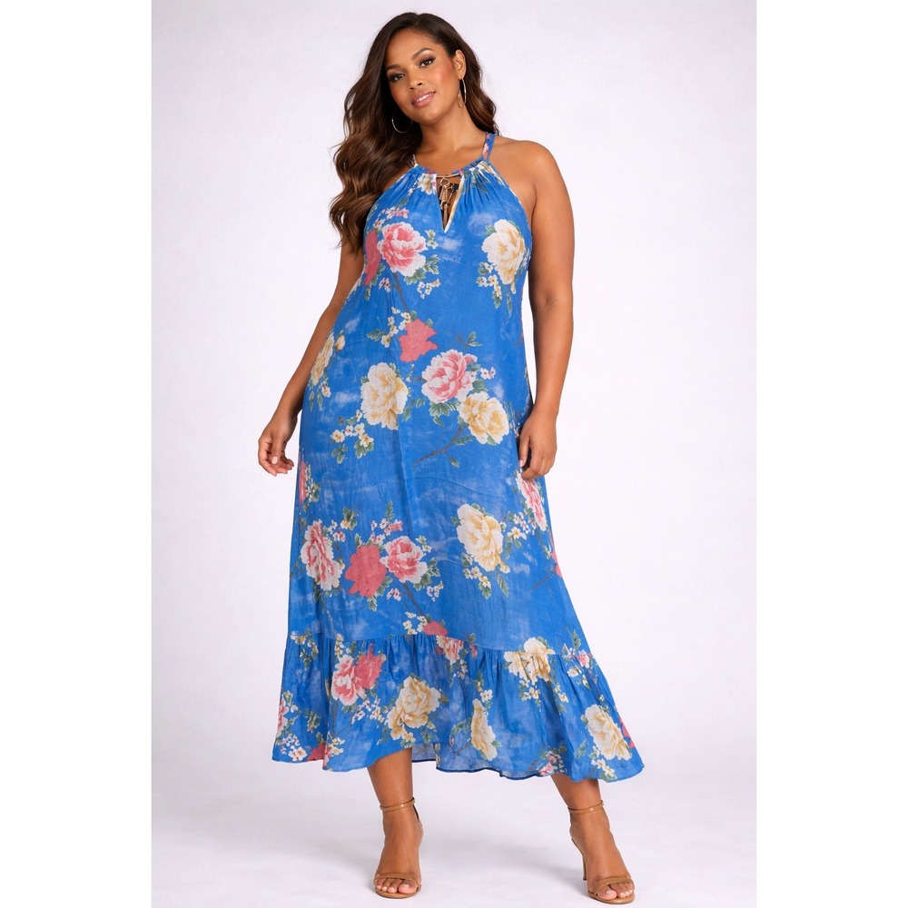 Mlle Gabrielle 2X Blue Floral Maxi Dress Boho Summer Halter